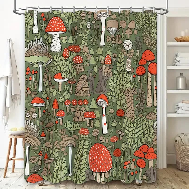Tappetino da bagno a fungo verde Tenda da doccia creativa a fungo con design a foglia per l'arredamento del bagno in colori verde rosso |