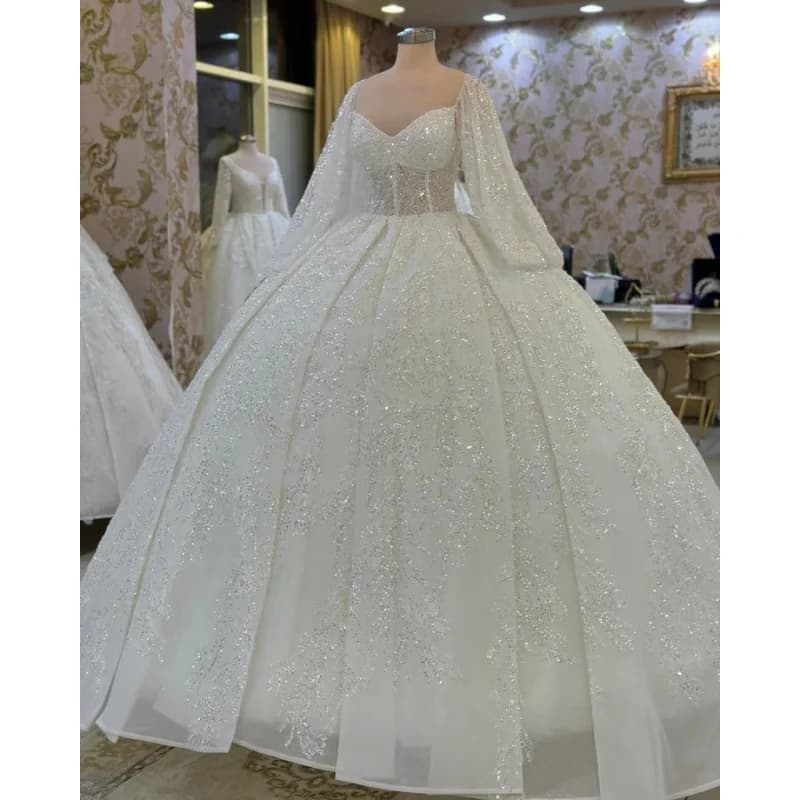 Abito da Sposa Personalizzato Elegante con Materiale Scintillante, Scollo a Cuore, Maniche Lunghe e Gonna Voluminosa - Vestido De Novia