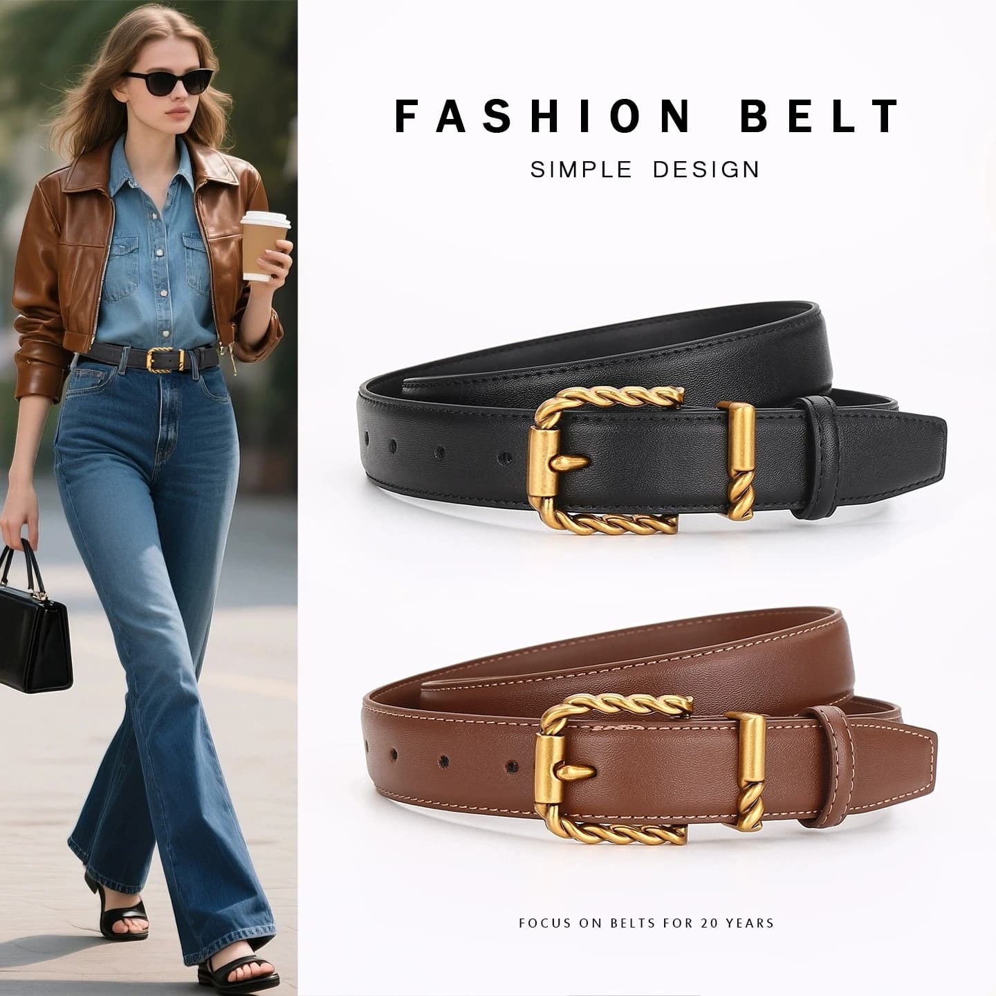 Cintura da donna con un tocco di fascia alta; vera pelle con una decorazione nera alla moda e versatile; adatta per l'uso aziendale.