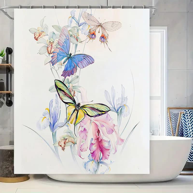 Tenda da doccia floreale a farfalla Decorazioni per il bagno Stampa in tessuto impermeabile Decorazione per la casa Copertura per finestre Bianco Dimensioni: 180X240 cm