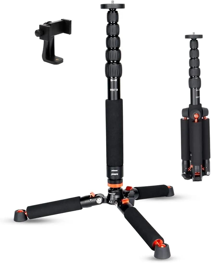 Aluminium adjustable camera monopoly with metal tripod base, 6 18-69 inch sections, supports up to 13 pounds - Black
