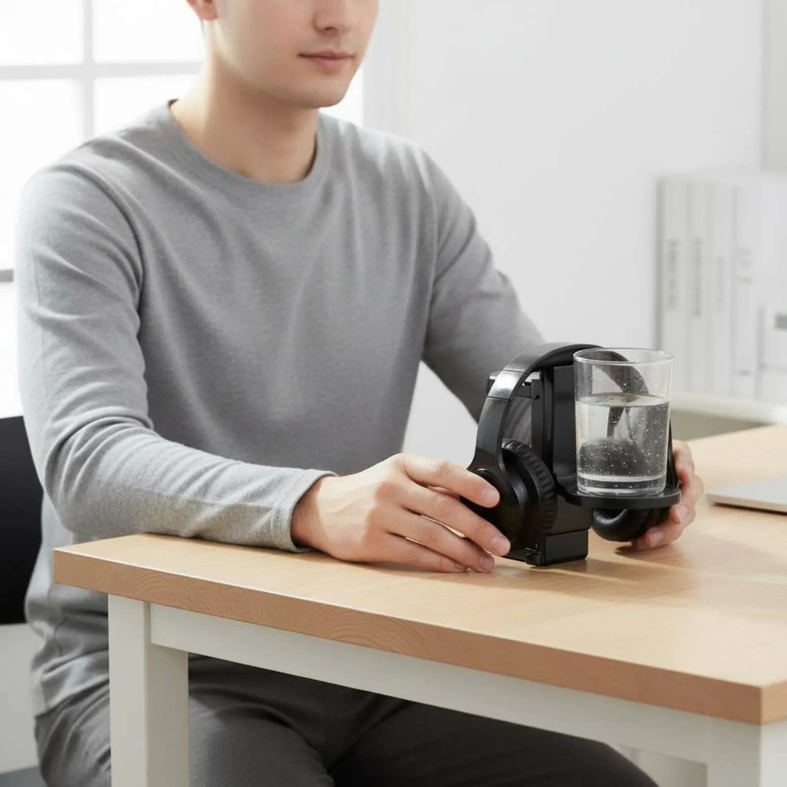 2-in-1 support for headphones and beverages, multifunctional support for gaming headphones with beverage port clamp, robust.