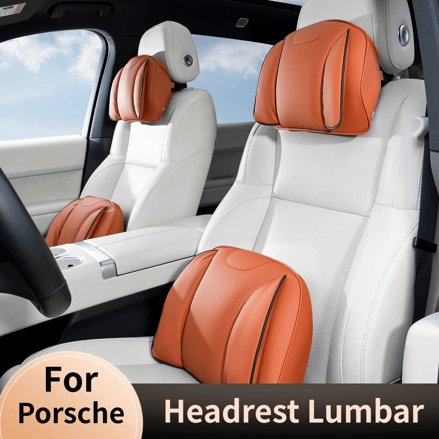 Leather Headrest Lumbar Support Set for Porsche Macan Cayenne Panamera 718 Taycan Cayman Comfort Car Neck Pillows Waist Pillow