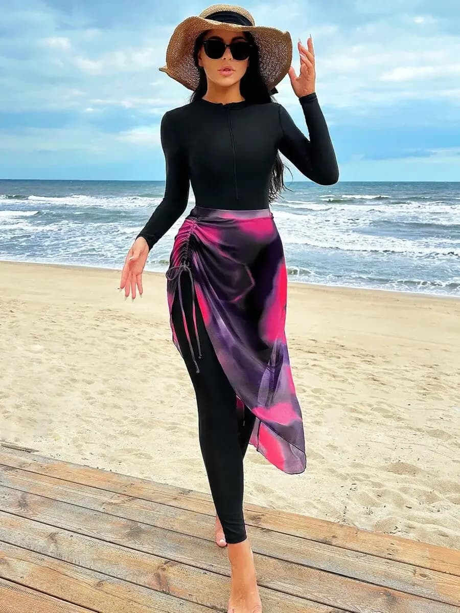 Costume da bagno intero da donna con cerniera a maniche lunghe e gonna avvolgente tie-dye per la spiaggia estiva