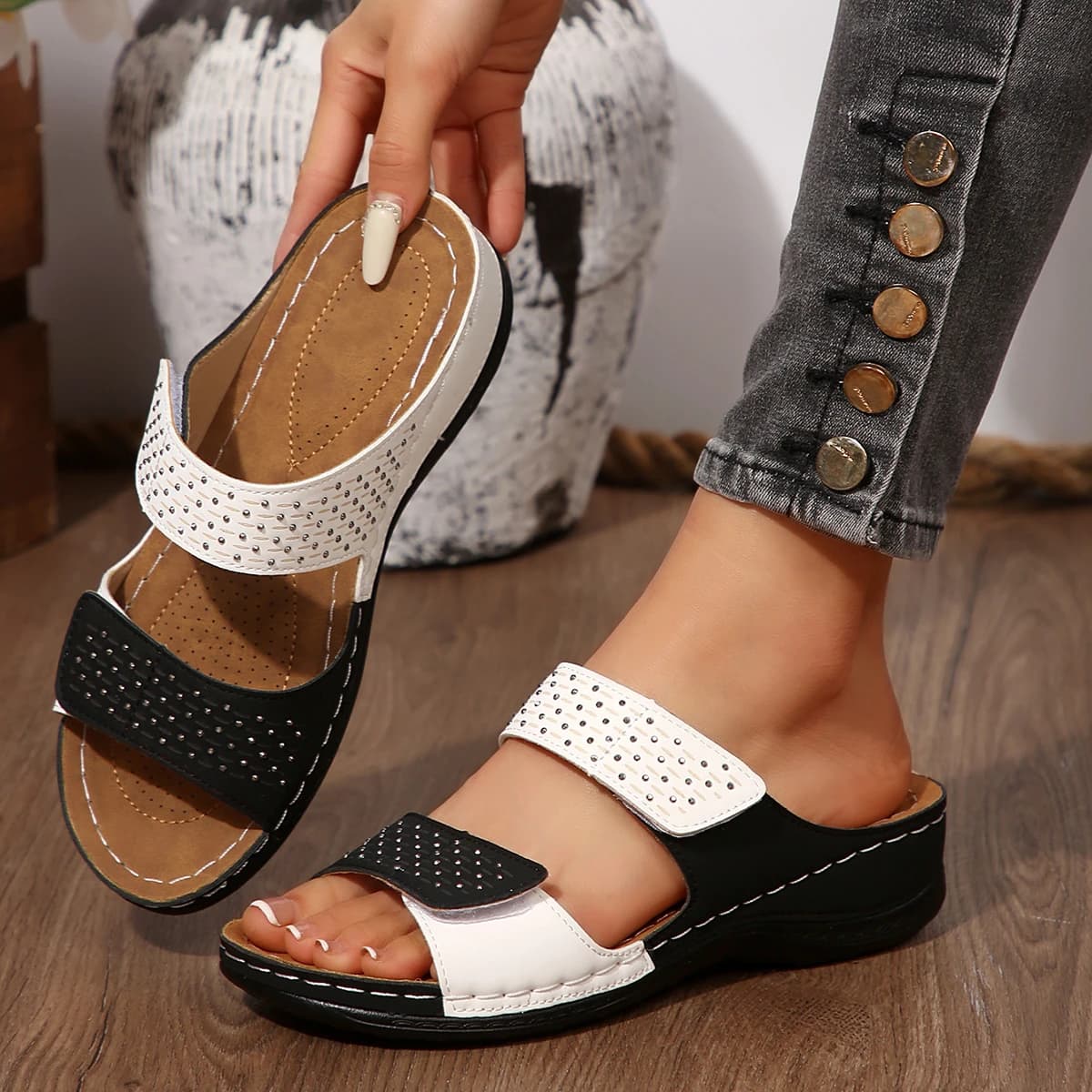 Ciabatte Casual da Donna con Zeppa, Comode, con Suola Spessa, Punta Aperta, a Contrasto, con Diamanti Luminosi, Scarpe da Donna