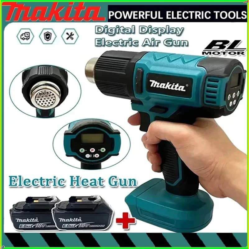 Pistola ad Aria Calda Elettrica Makita con Display Digitale, Senza Fili, 2 Ugelli, per Imballaggio Termoretraibile Industriale, Compatibile con Batterie 18V/20V