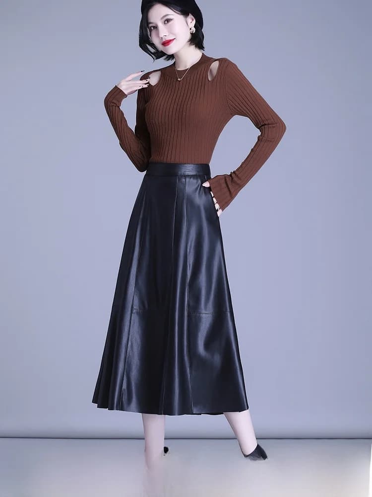 Gonna Lunga in Vera Pelle di Pecora a Vita Alta, Elegante Gonna Plissettata a Trapezio Sopra il Ginocchio per Donna, Autunno Inverno