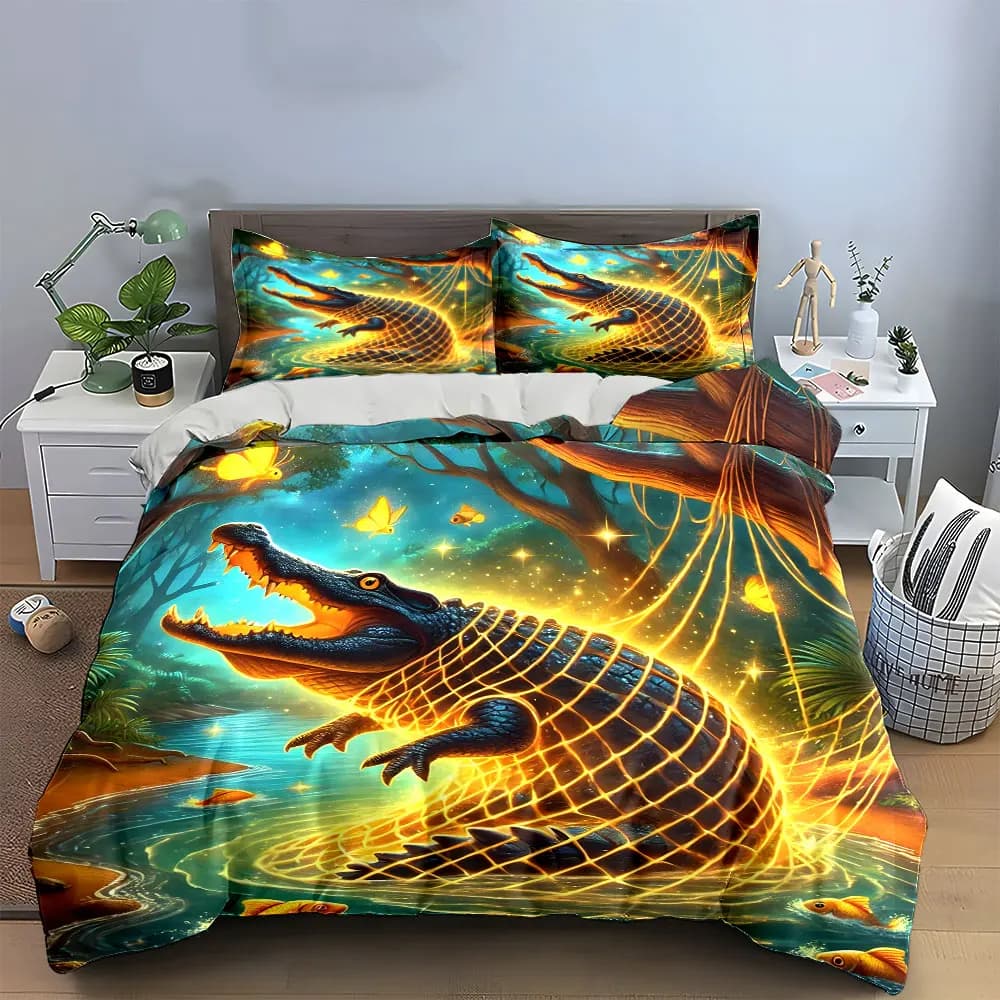 Set Decorativo Coccodrillo della Giungla Dorata, Set di Biancheria da Letto Morbido e Delicato sulla Pelle, Include 1 Copripiumino e 2 Federe, Regalo
