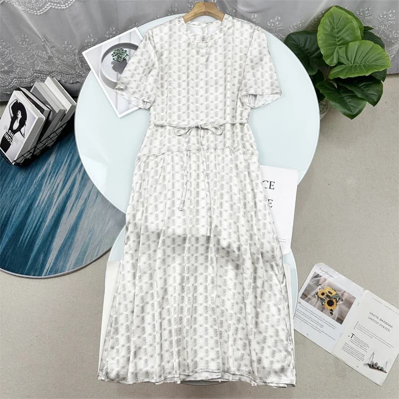 Elegante Abito Lungo a Trapezio He6900 Estivo con Scollo Rotondo, Maniche Corte, Cintura in Vita, Vestito Maxi Casual alla Moda da Donna