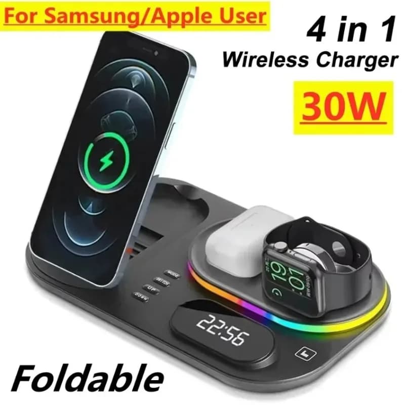 5 in 1 Wireless Charging Station with Alarm Clock LED Light 15W Fast Charging for iPhone Apple Watch AirPods Desktop