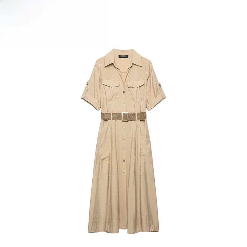 Fashionable Belted Shirt Dress ZR Summer New Arrival Women's Polyester Fiber Short Sleeve Casual Style Single Piece