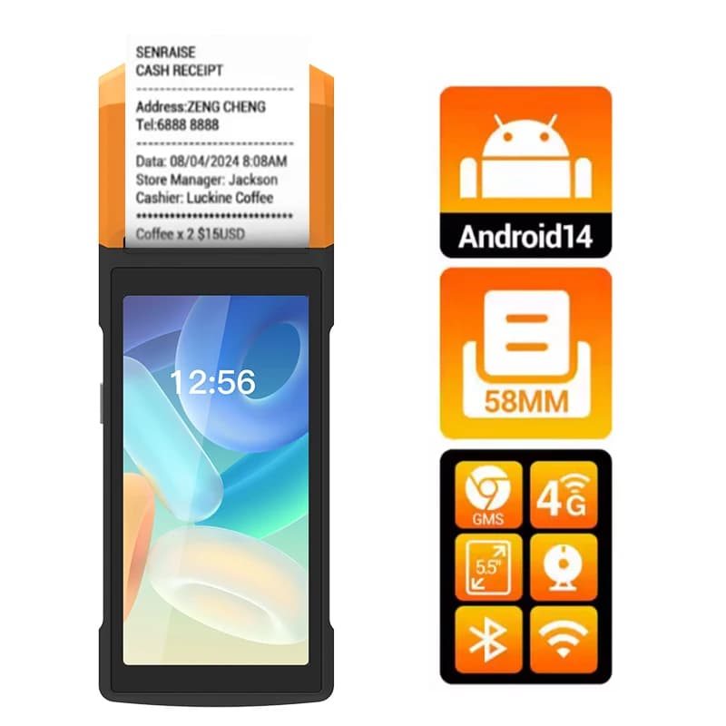 Android 13 Sistema POS NFC da 5,5 pollici Terminale mobile per ordine di pagamento senza contatto Touch Screen Lettore di schede WiFi USB Stampante Bluetooth
