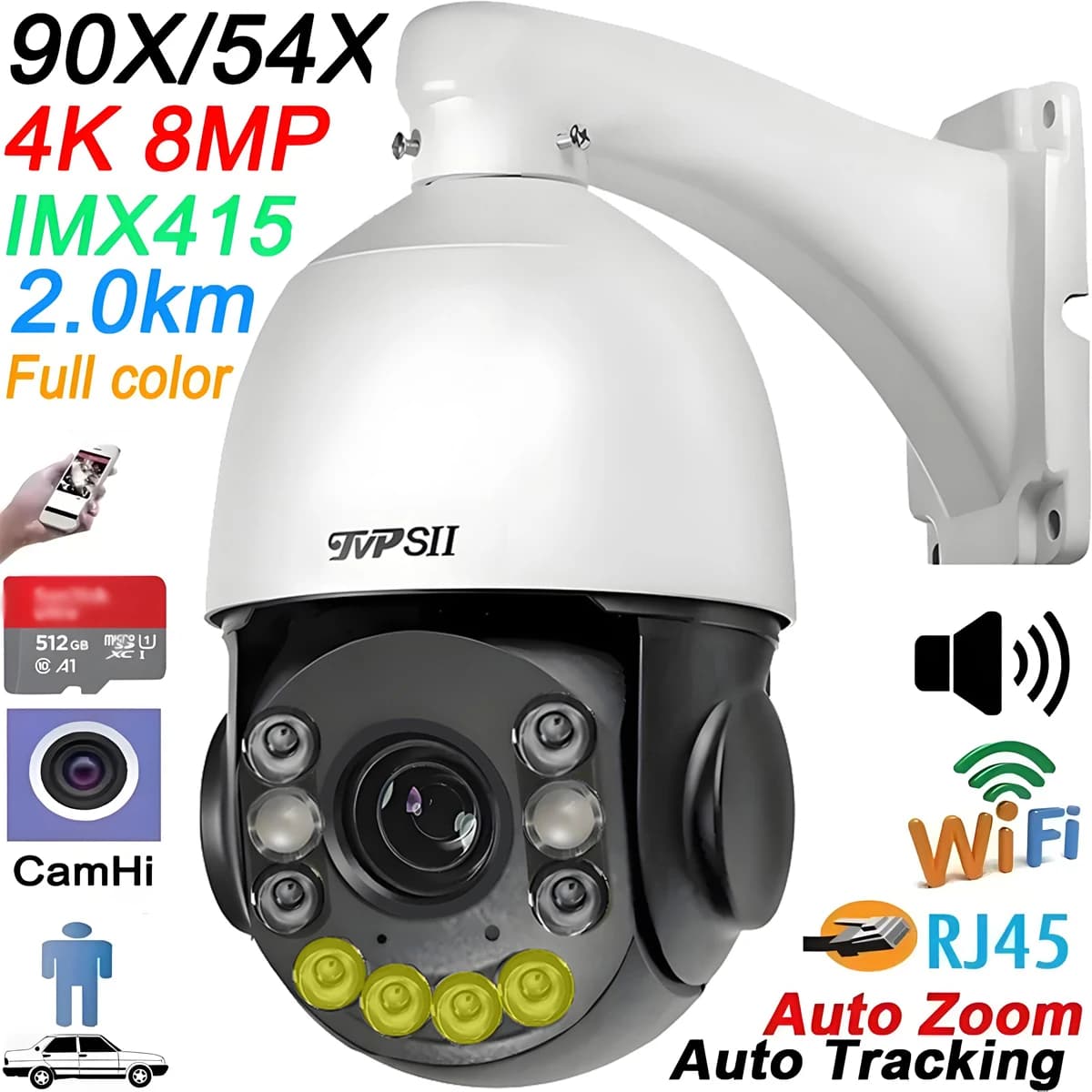 Max.512G Metallo a colori 8MP 4K 90X Zoom ottico con tracciamento automatico CamHi Audio 360 ° Allarme Telecamera IP Speed Dome PTZ WIFI 2.4G 5.0GHz