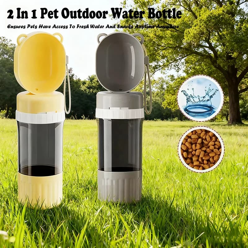 2‑In‑1 Dual Storage Leakproof Pet Travel Bottle 400Ml Water 180Ml Food Feeding Bowl For Dogs Cats Outdoor Hiking Camping Walking