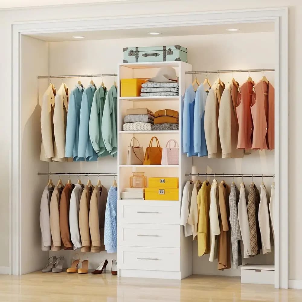 Sistema Organizzatore per Armadio con Aste e Ripiani Regolabili 4-9T, Soluzione di Stoccaggio Bianca 96