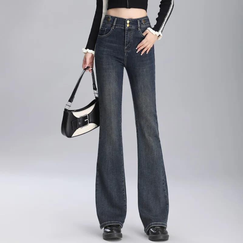 Women's high spring and autumn buttons Slim fit versatile pants with straight elastic bell bottom