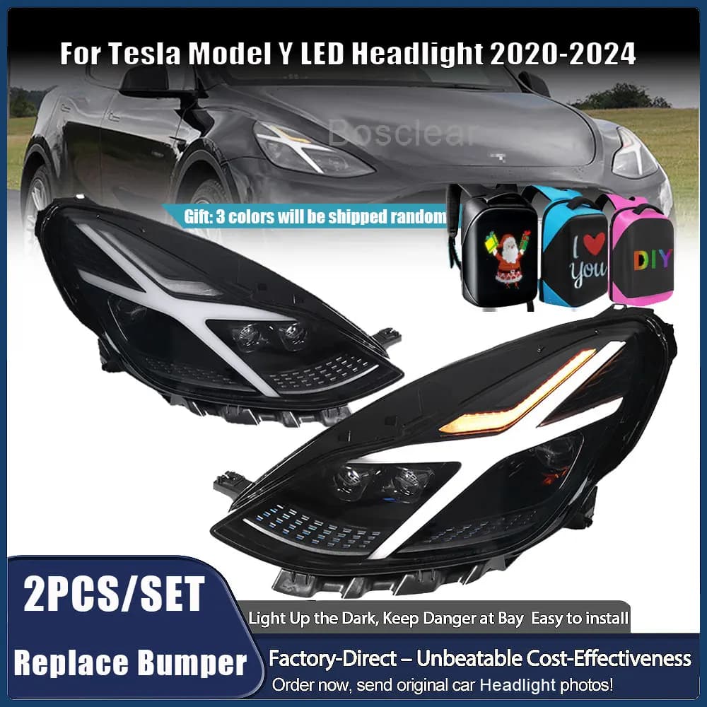 Gruppi Ottici Anteriori Modificati a LED per Tesla Model 3 e Model Y 2020-2024, Fari con Indicatori di Direzione, Luci Diurne e Accessori per Auto