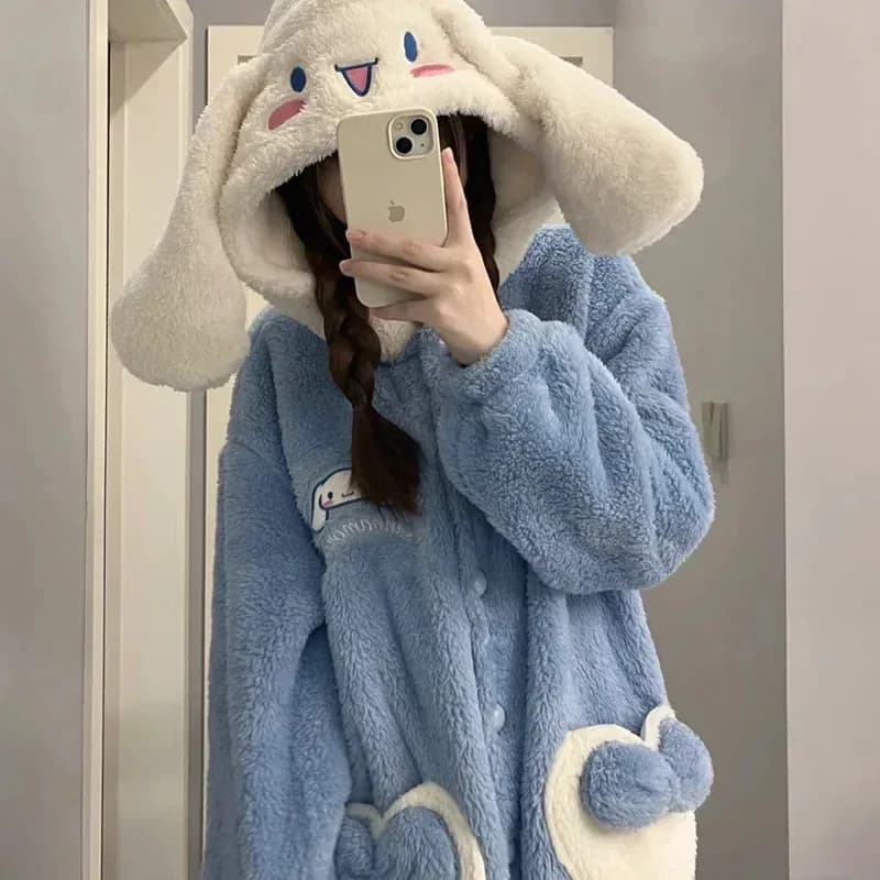 25COSAnime Pigiama di peluche per ragazza da donna Kuromi Cinnamoroll Inverno Extra spesso Flanella di corallo Abbigliamento per la casa Camicia da notte Costume di stoffa