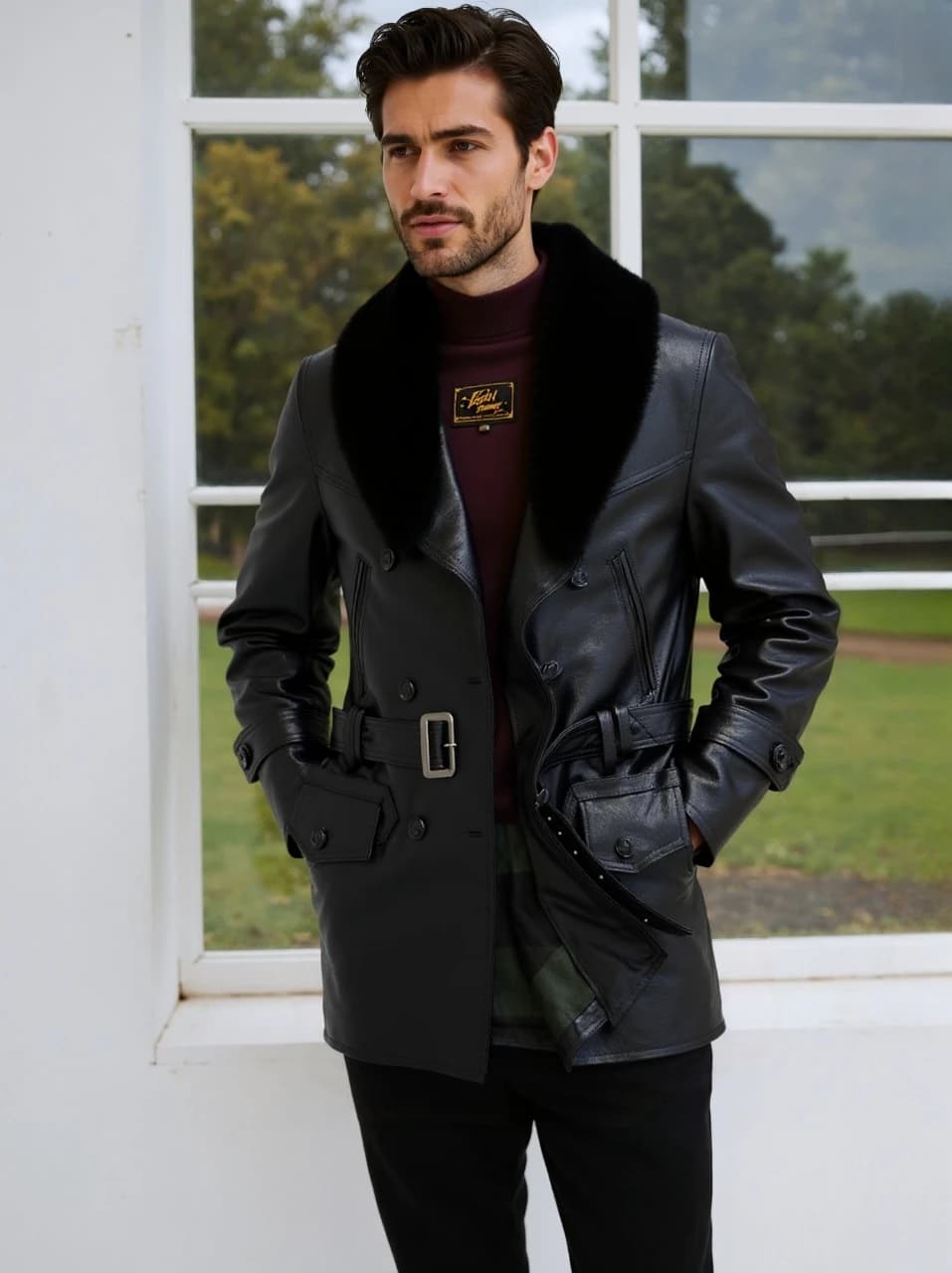 Giacca a vento da uomo medio-lunga con collo in pelliccia, strato superiore in pelle bovina, vera pelle, giacca casual autunnale e invernale