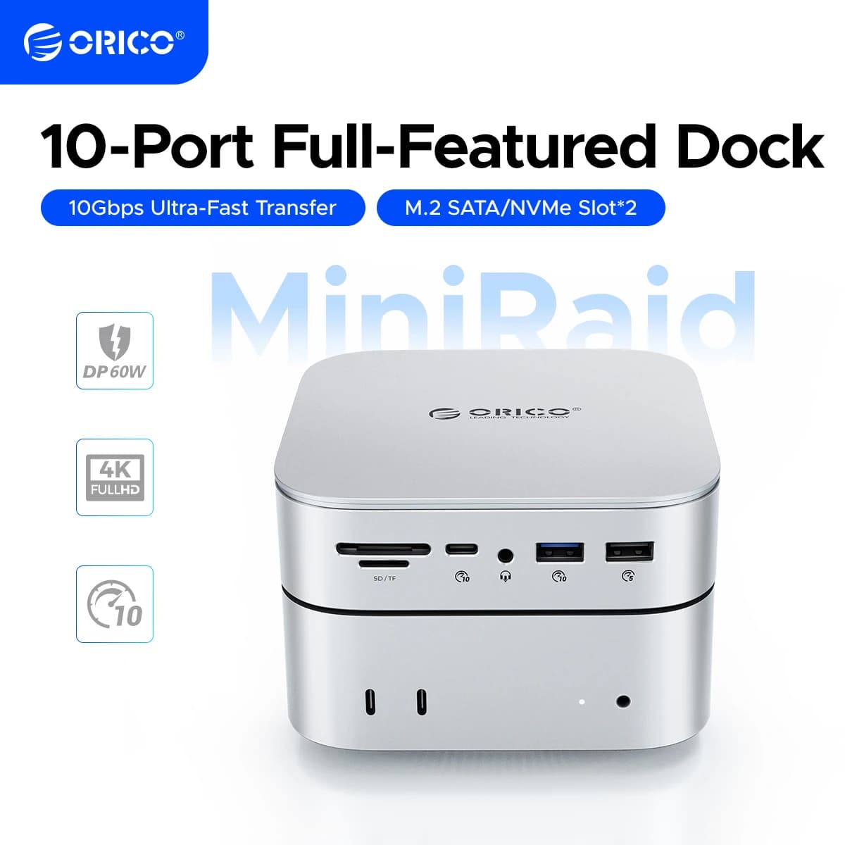 ORICO Docking Station da 10 Gbps Doppio hub custodia SSD M.2 4K60Hz-HDMI PD60W Espansione clone offline con ventola di raffreddamento per Mac Mini