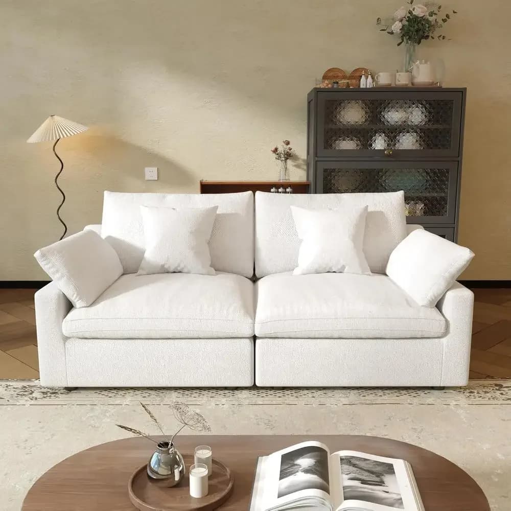 Divano Sezionale Profondo Bianco Effetto Nuvola con Rivestimenti Rimovibili e Lavabili per Soggiorno