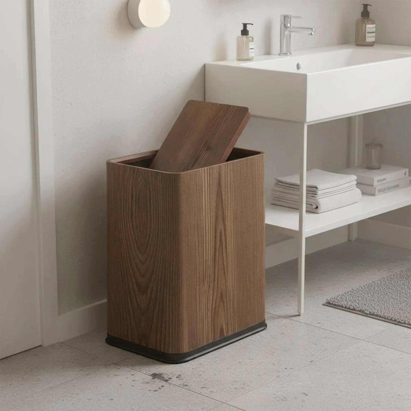 Narrow Garbage Bin with Lid Large Capacity Slim Wood Grain Trash Can Rectangular Wood Look Wastebasket Dual-Chamber Design