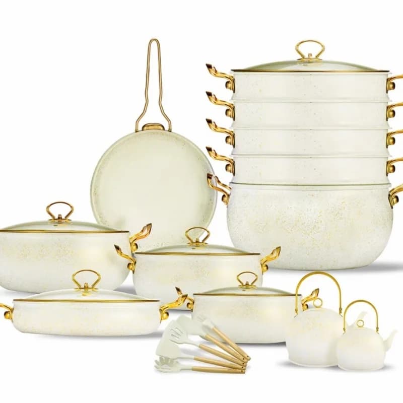 Set of 24 Aluminum Plates Pressofuso with Anti-Fabric Coating in Granite, Directly from the Factory, with Kettle, Steamer and Professional Glass Covers