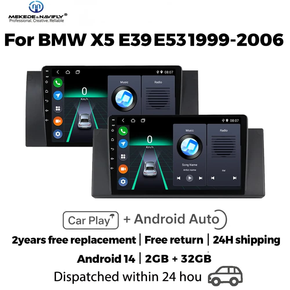 Autoradio IPS Touch Screen da 9 pollici per BMW Serie 5 E39 E53 X5 1995-2006 con Wireless Carplay, Android Auto, lettore multimediale, GPS e Bluetooth.