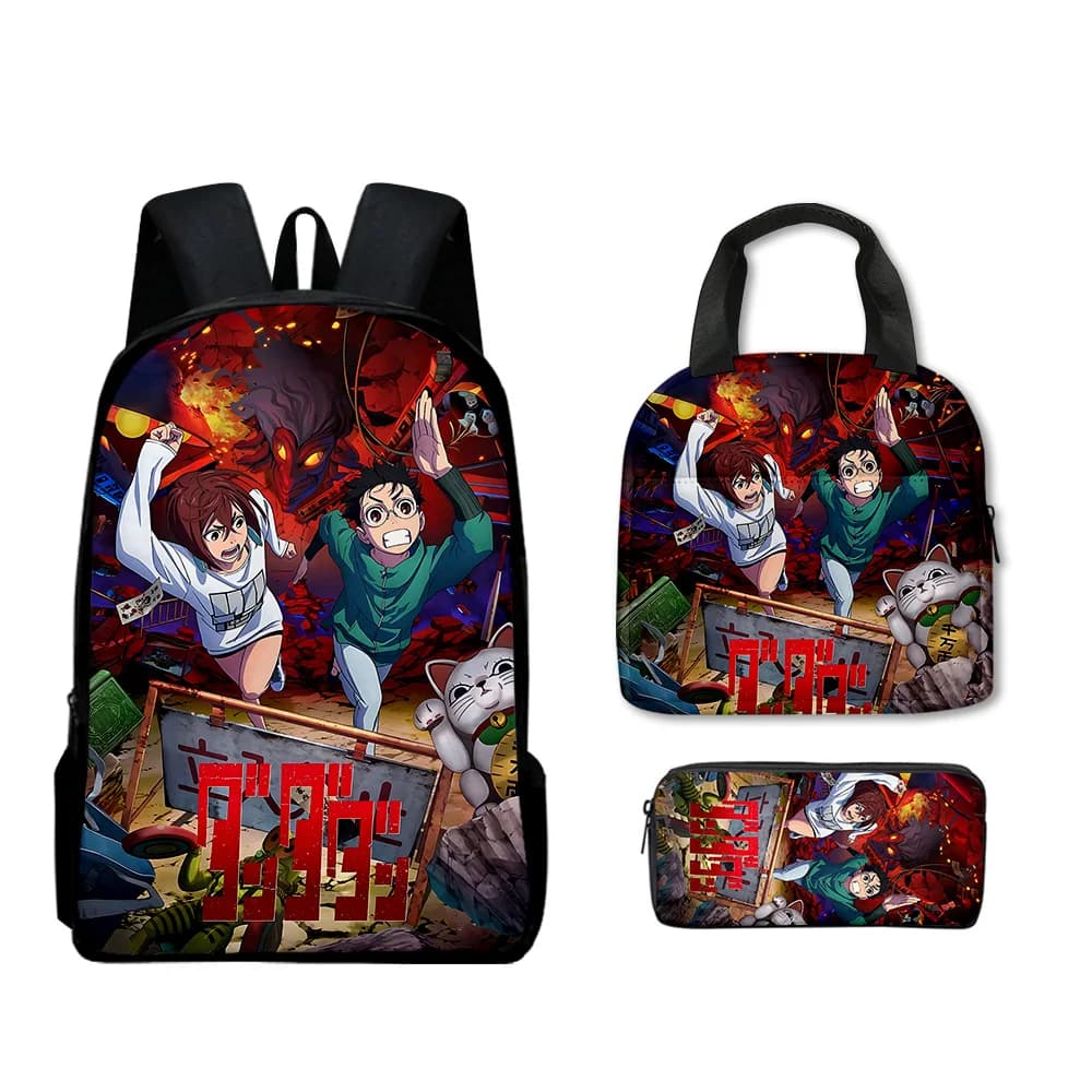 Set di 3 Pezzi Creativo e Divertente: Zaino Scolastico 3D Stampato Dandadan, Borsa per Laptop, Borsa Pranzo e Astuccio