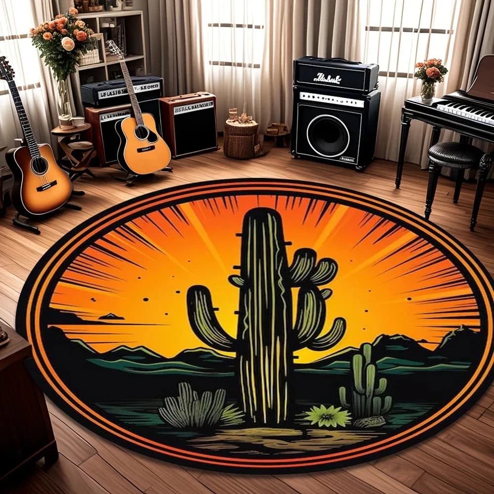 Tappeto rotondo Cactus Sunset con paesaggio del deserto, lavabile, antiscivolo, per soggiorno, camera da letto, decorazione per la casa, 1 pezzo