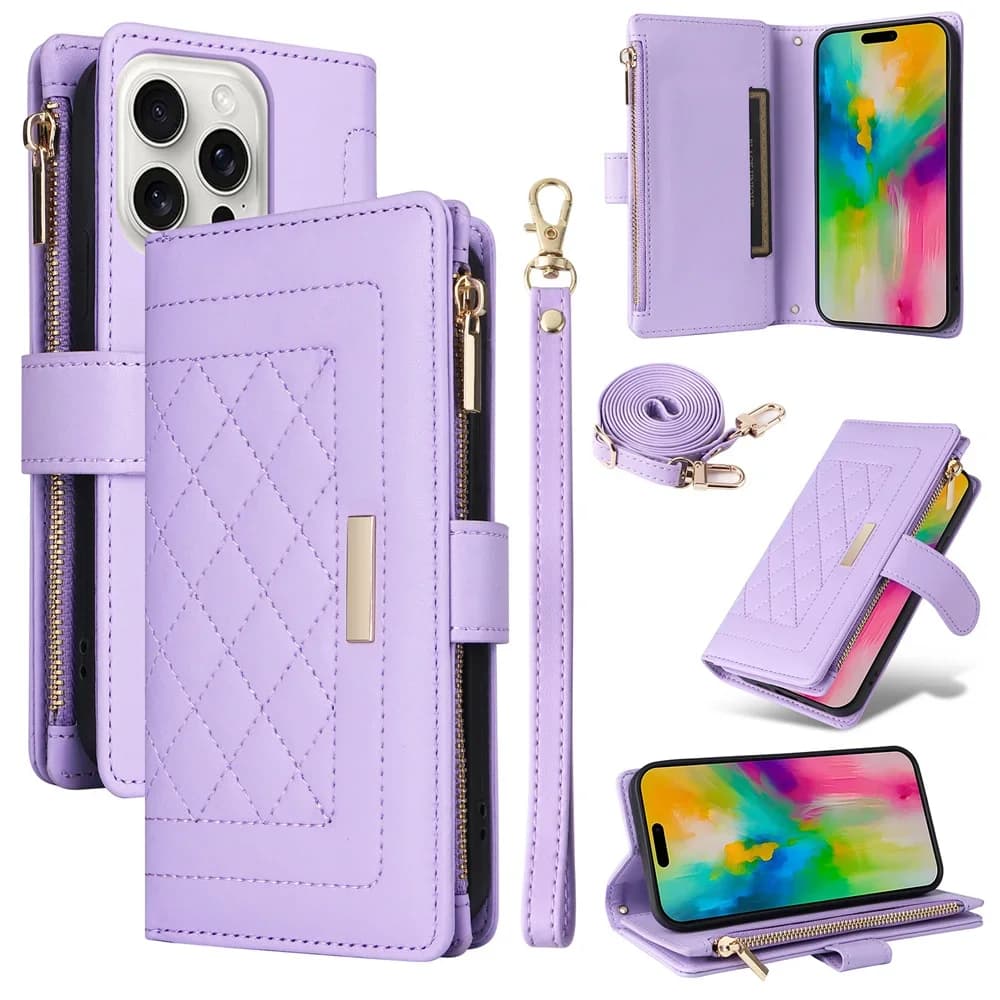 Custodia a tracolla in pelle con cerniera e portacarte per iPhone 17 Air 16 15 Plus 14 13 12 11 Pro Max