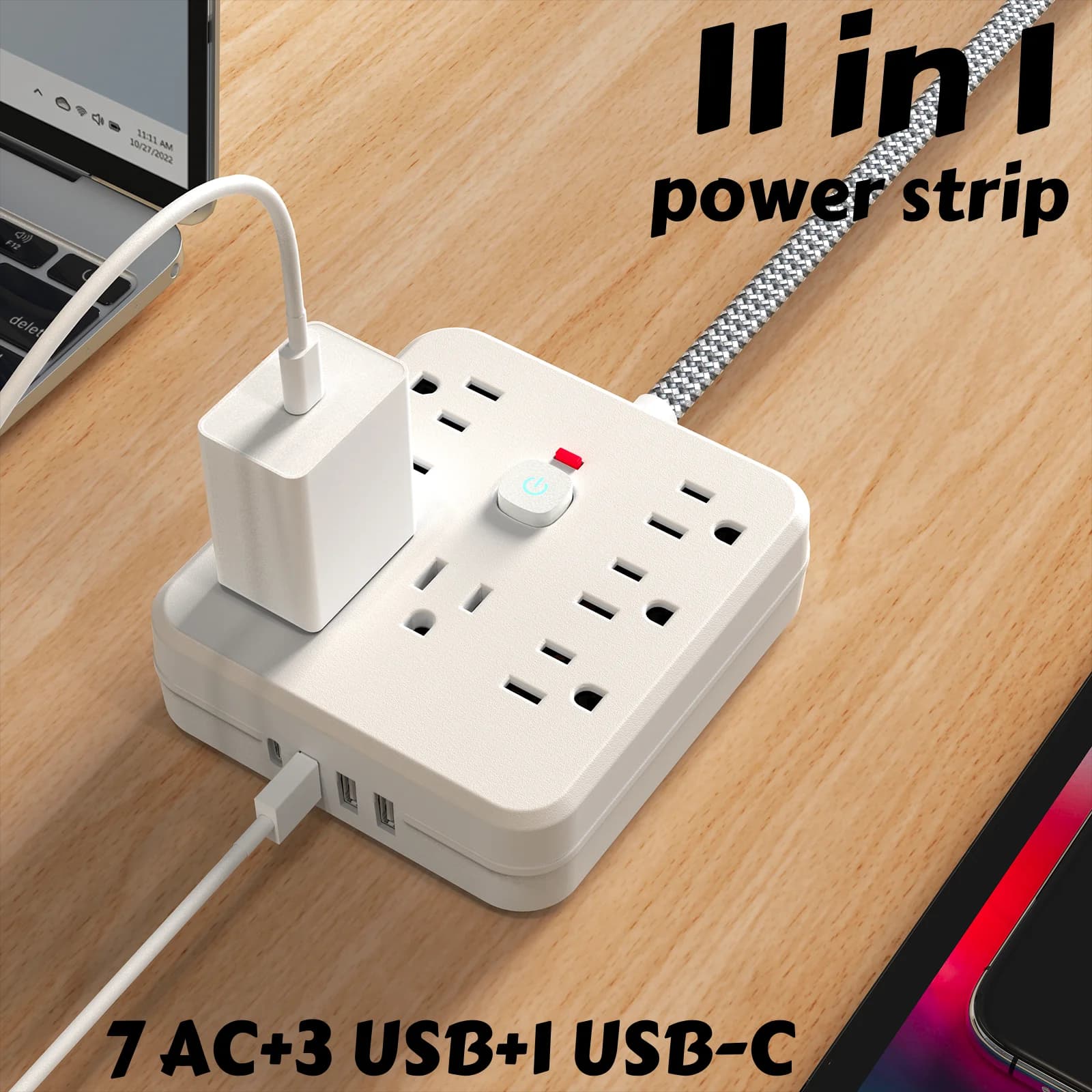 11-in-1 Power Strip with 7 AC Sockets, 3 USB Ports and 1 Type-C Connection | Surge Protector & Multi-Plug Extender, USB Wall