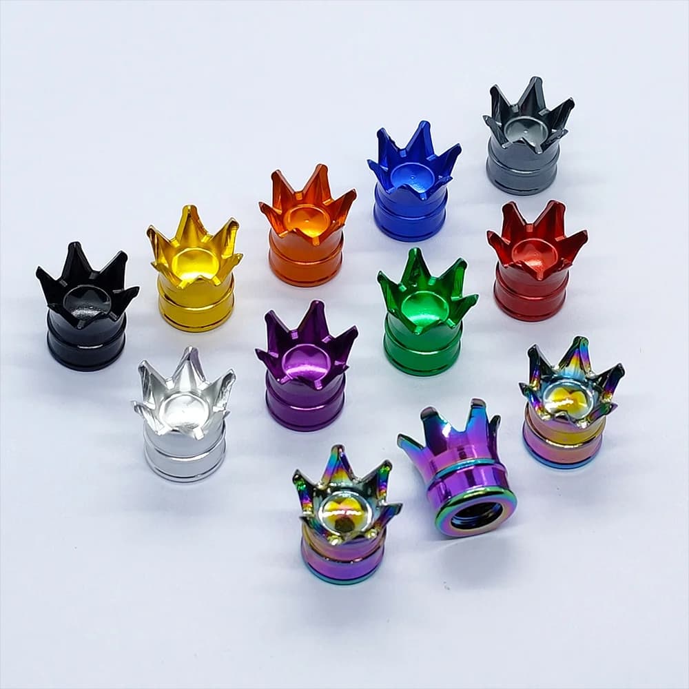 4-piece crown style pneumatic valve caps, air cap cover, dust valve cover and waterproof aluminum alloy caps for car