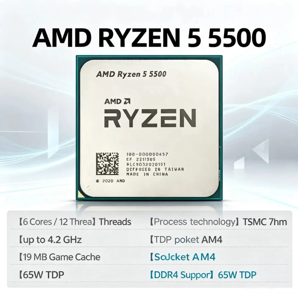 AMD Ryzen 5 5500 CPU 6-Core 12-Thread 4.2GHz Unlocked Desktop Processor Socket Without Package 65W TDP 16MB L3 Cache Processor