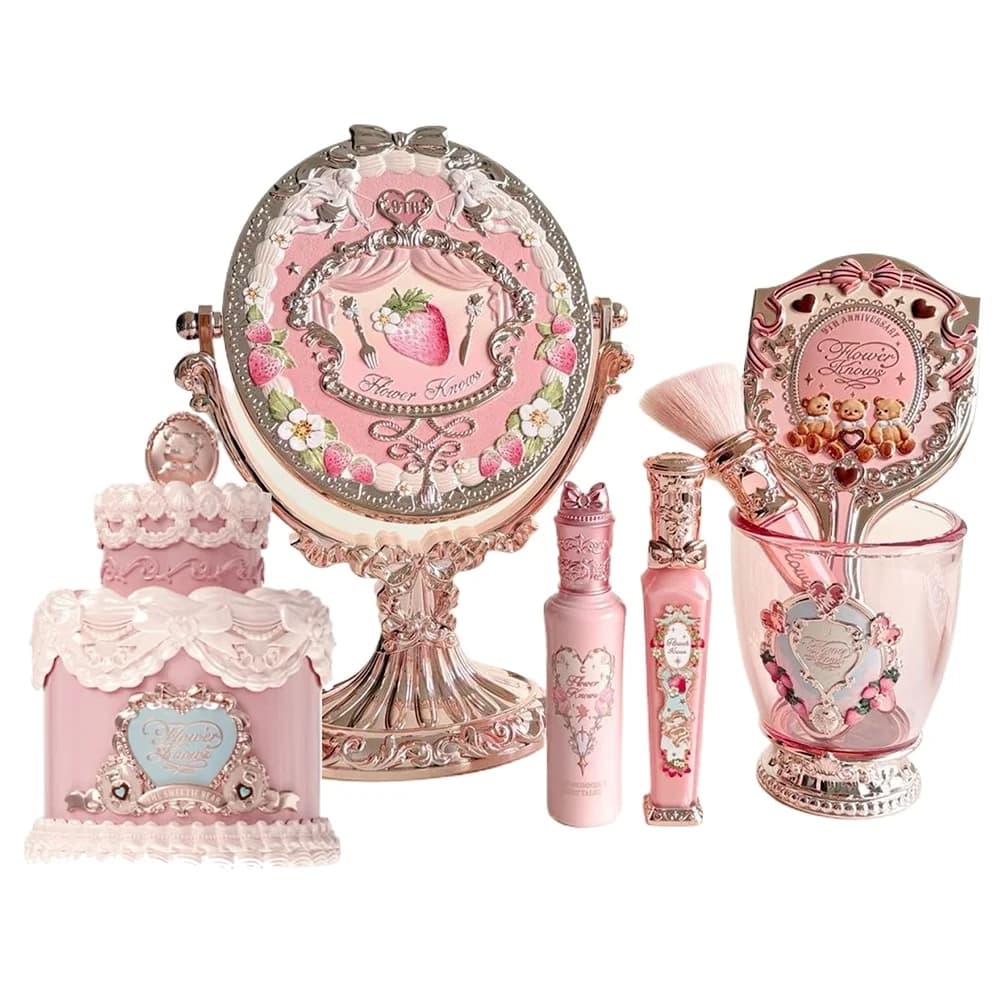 Flower Knows Strawberry Cupid Umbrella SWEETIE BEAR Perfume Set for 9th Anniversary Table Mirror Hair Brush Pet Gift Set for Make-up