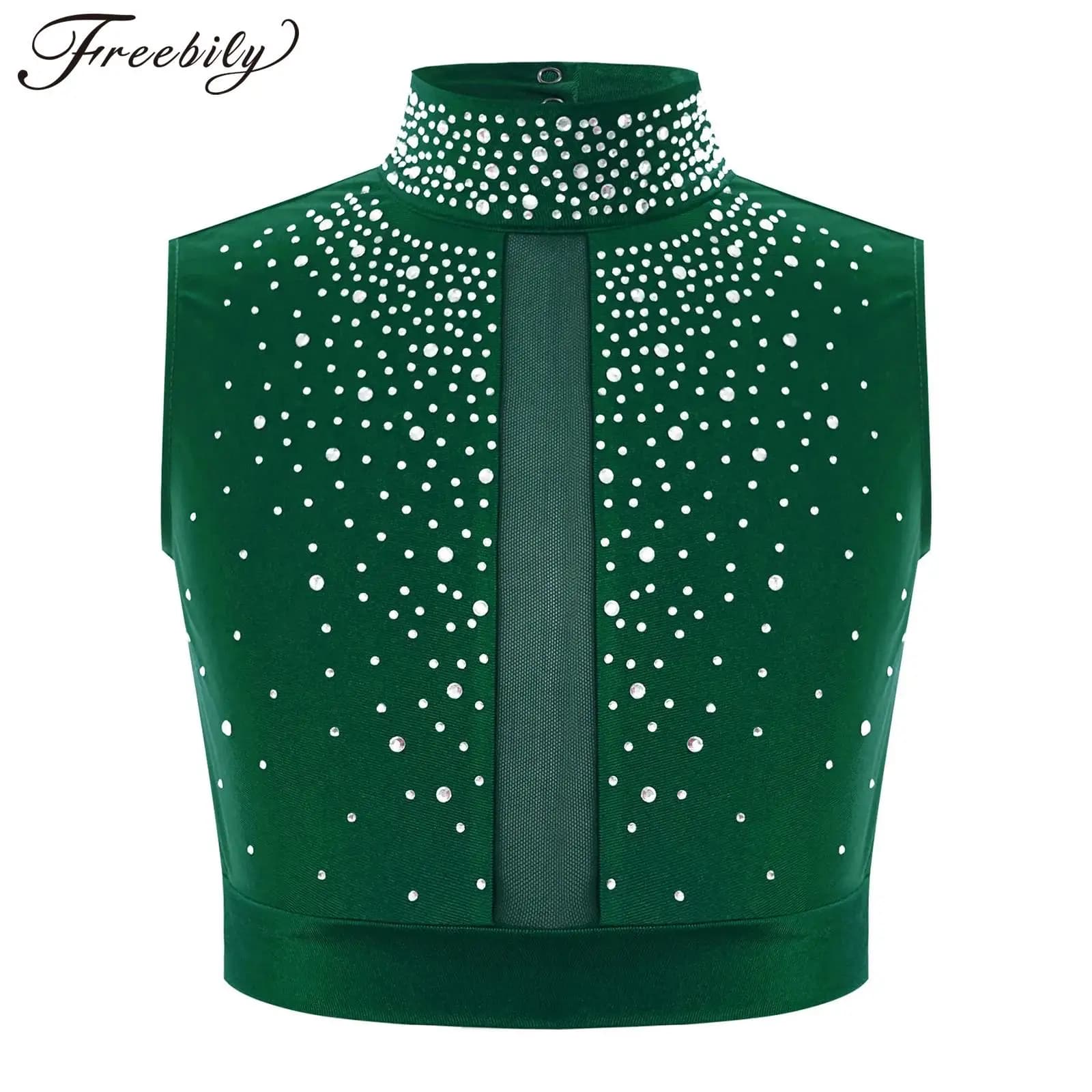 Costume da pattinaggio di figura per danza lirica moderna per bambina, senza maniche, con strass lucidi, top corto in rete, performance sul palco