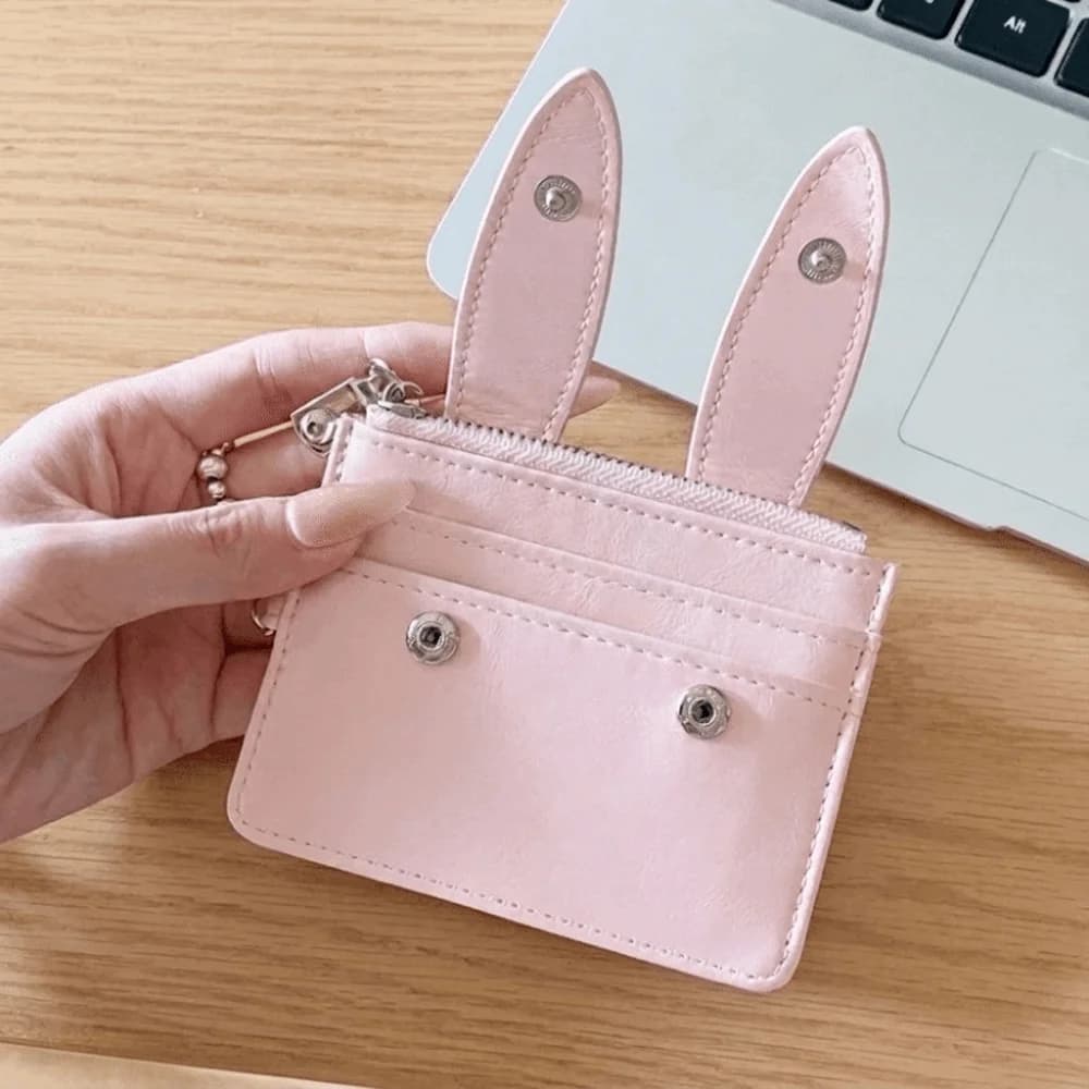 Cute PU Leather Bunny Ear Card Holder Snap Button Multi-functional ID Card Case Polyester Lining Multi Slots Coin Purse Travel