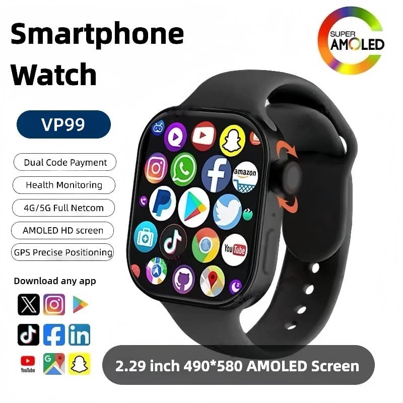 VP99Smartwatch Smartwatch with Amoled 4G screen with 180 ° rotating camera Global Talk GPS WIFI Slots for SIM card Sports watch