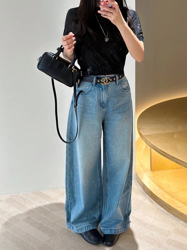 Jeans a Vita Alta a Gamba Dritta da Donna, Pantaloni Larghi Scintillanti Primavera 2026, Pantaloni Lunghi con Stelle Luccicanti