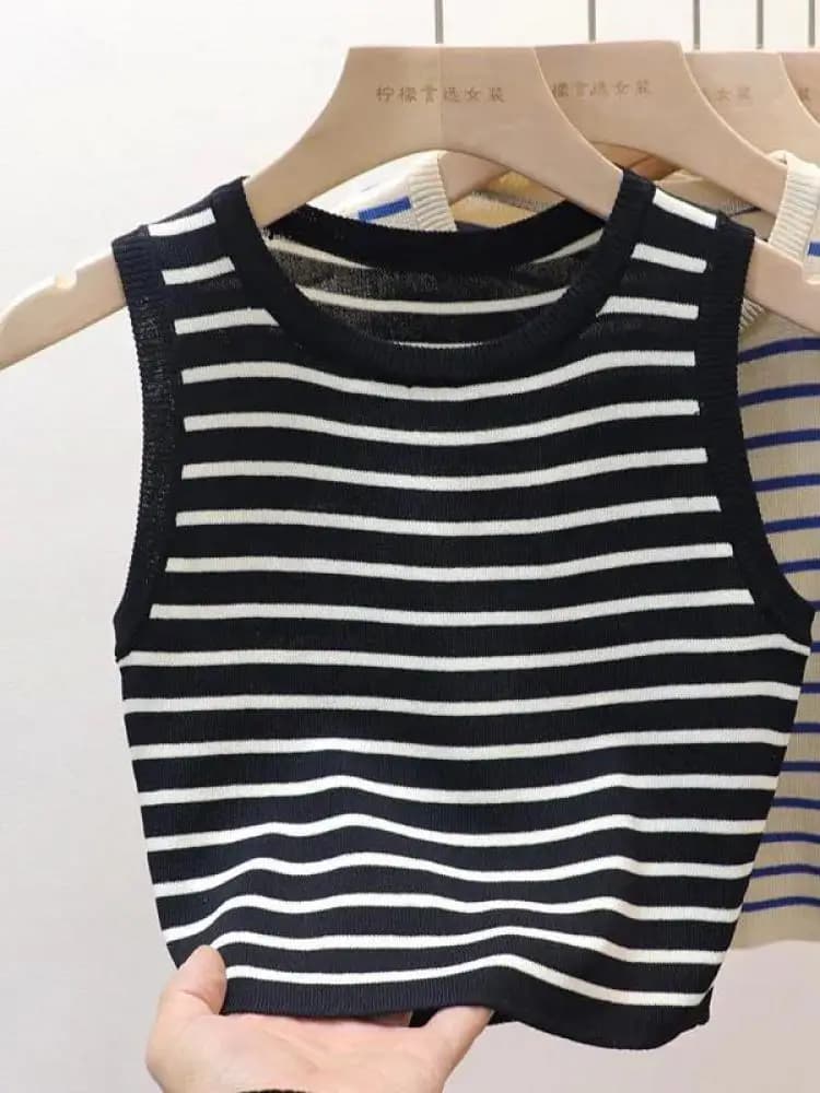 Female Elastic Slim Casual Vests Camis 2026 Crop Tops Spring Striped Tank Tops Women Summer Sleeveless Knitted T-Shirts