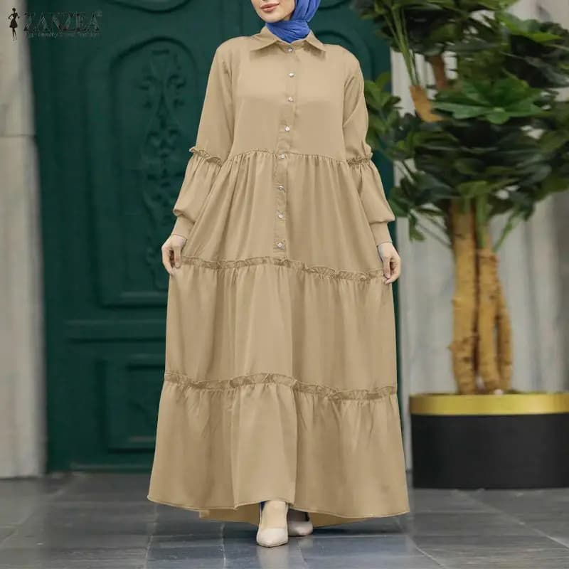 ZANZEA Abito Lungo Modesto per Donne Musulmane con Colletto, Maniche Lunghe, Volant e Strati, Abaya Islamica 3XL