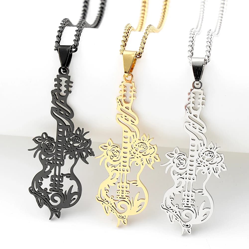 Rock Music Guitar Pick Pendant Necklace for Women/Men Stainless Steel Punk Musical Bass Note Chain Party Gift Jewelry collar