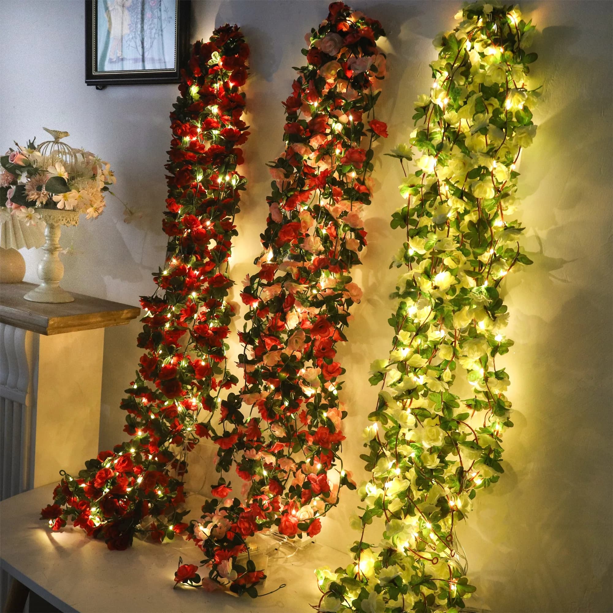 Luci a LED rosa Stringa di fiori artificiali Foglie di edera Ghirlanda di nozze Decorazione della stanza di casa Arco appeso a parete Decorazioni per feste in giardino