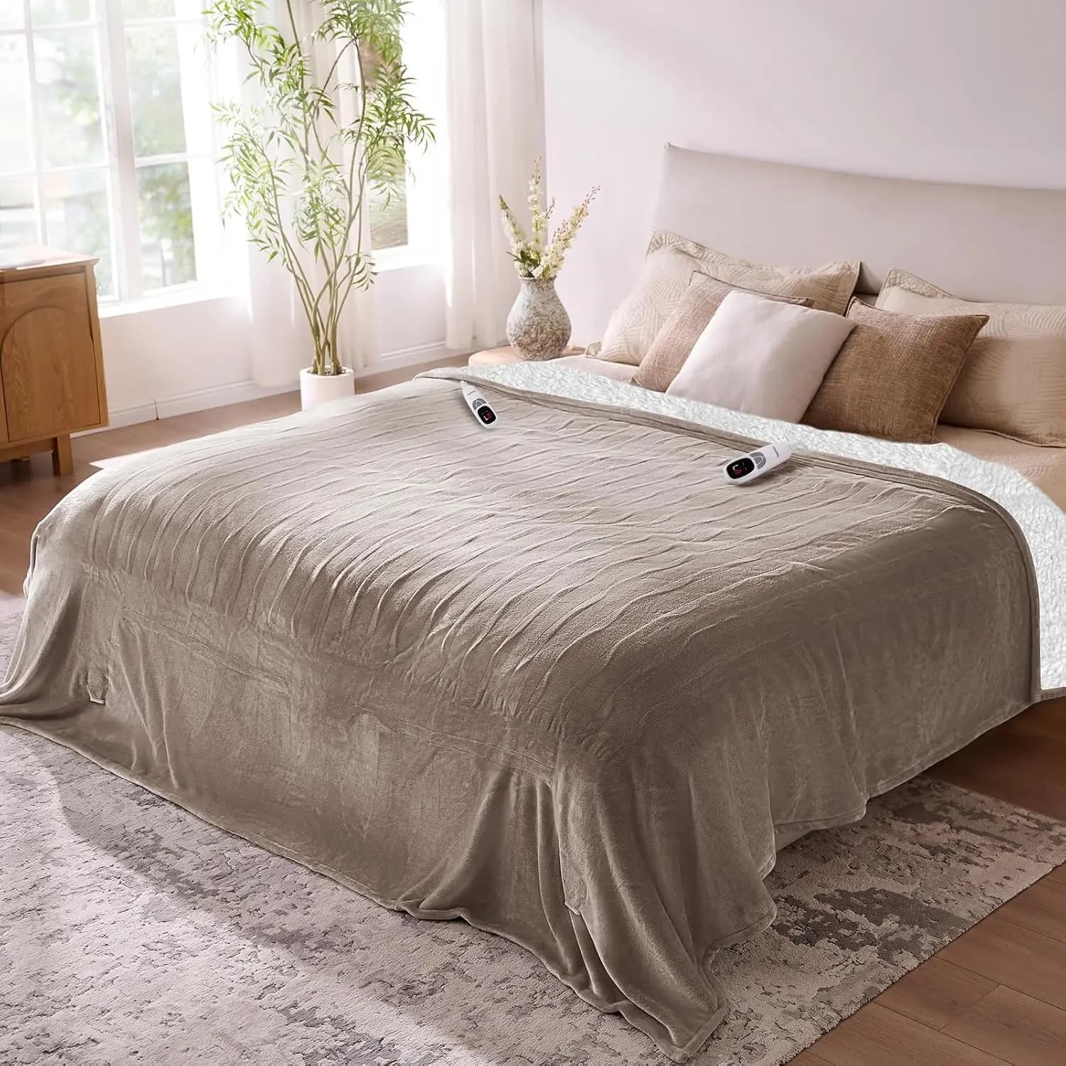 Coperta riscaldante morbida con doppio controllo, 9 livelli di calore, timer 10 ore, lavabile in lavatrice, 90"x100" cammello