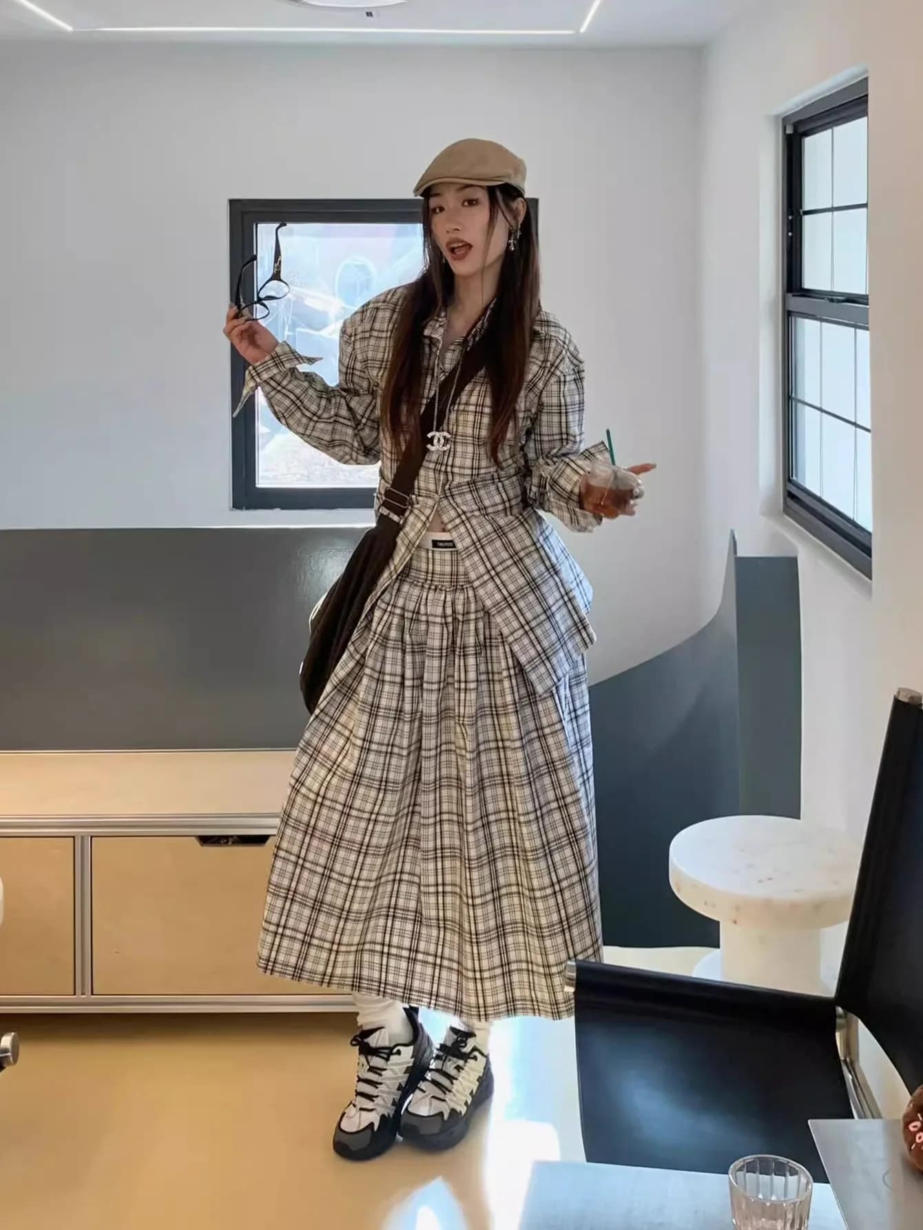 Retro American Plaid Long Sleeve Shirt Waist Cinching Women's Fashion Early Autumn High Waist Midi Skirt Two-Piece Set