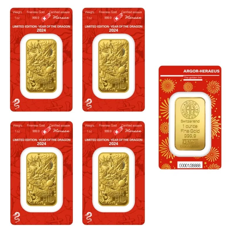 Barra d'Oro Creativa Argor da 1oz, Drago 2024, Placcata in Oro, Non Magnetica, con Numeri Diversi