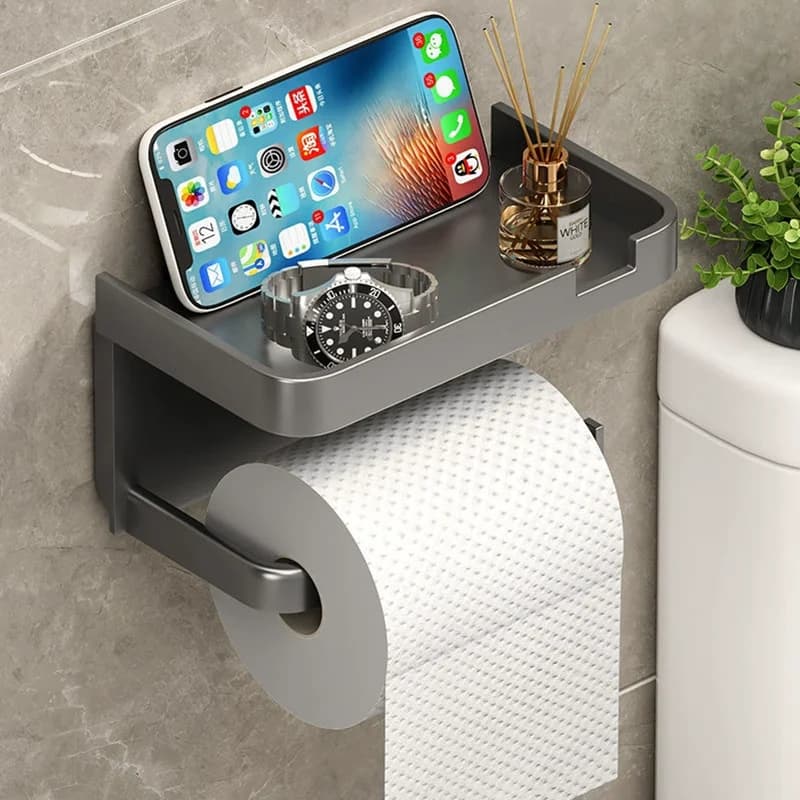 Portarotolo da parete grigio in plastica per bagno, portaoggetti da cucina per rotoli di carta, bottiglie di condimenti e ripiani porta telefono