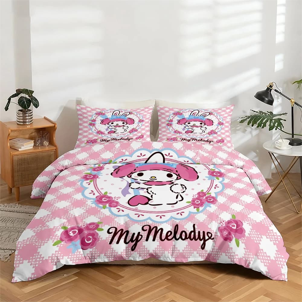 Set di biancheria da letto con stampa digitale ad alta definizione in 3 pezzi, set copripiumino con motivo floreale My Melody, include 1 copripiumino + 2 federe, adatto per camera da letto, camera degli ospiti, decorazione domestica, copripiumino + federa in fibra di poliestere, biancheria da letto ultra morbida, tessuto spesso, adatto a tutte le stagioni, lavabile in lavatrice