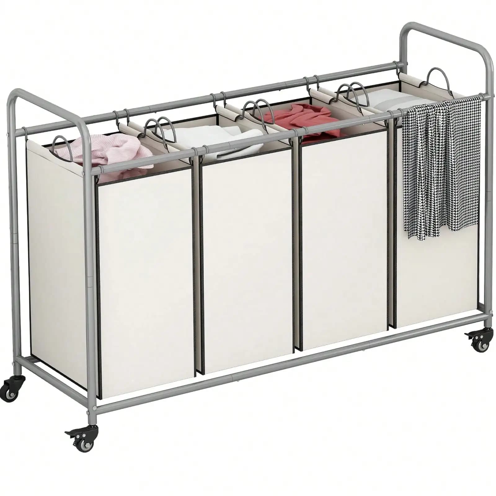4 Bag Laundry Basket Sorter Laundry Hamper Cart With Heavy Duty Rolling Lockable Wheels And Removable Bags,Spring,Minimalist,Sum