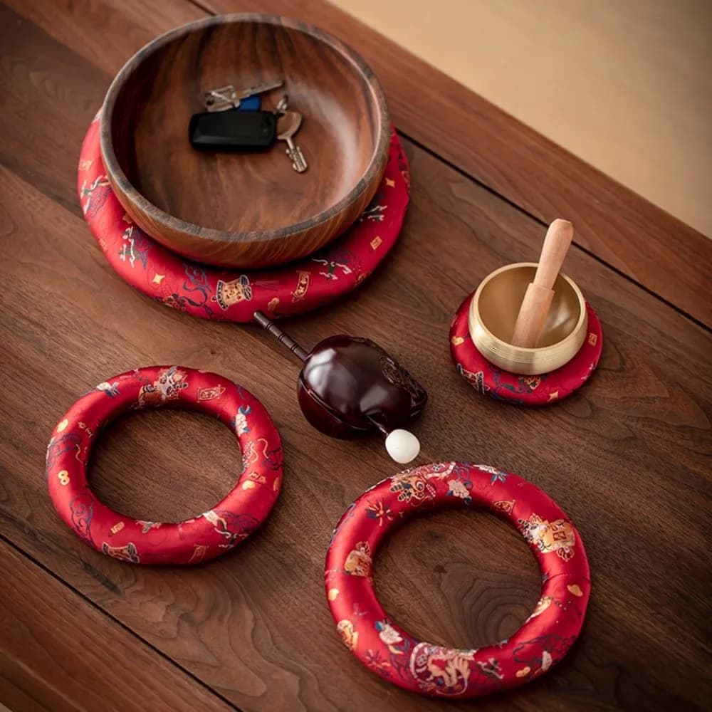 Nepalese Singing Bowl Mat Donut Shape Non Slip Sound Copper Out Mat Brocade Traditional Wooden Fish Coaster Yoga